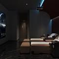 Modern SPA Sauna Room Interior With Dark Walls Large Cosmic Screen And Brown Lounge Chairs