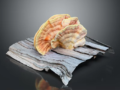 Vibrant Yellow Orange Ganoderma Plant With Fan Shaped Caps On Wooden Plank Against Dark Background 3d model