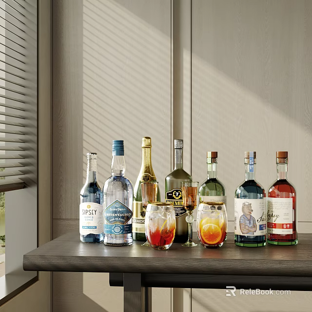 Assorted Wine Bottles And Glasses With Drinks On Indoor Table 3d model 