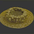 Outdoor Circular Stone Built Fire Pit With Metal Grid And Brick Paved Floor