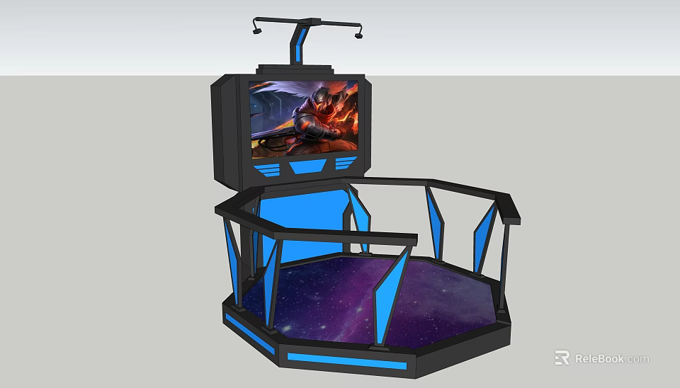 Interactive Gaming Pod With Large Screen Visuals Octagonal Platform Starry Base Blue Accents Top Lights 3d model 
