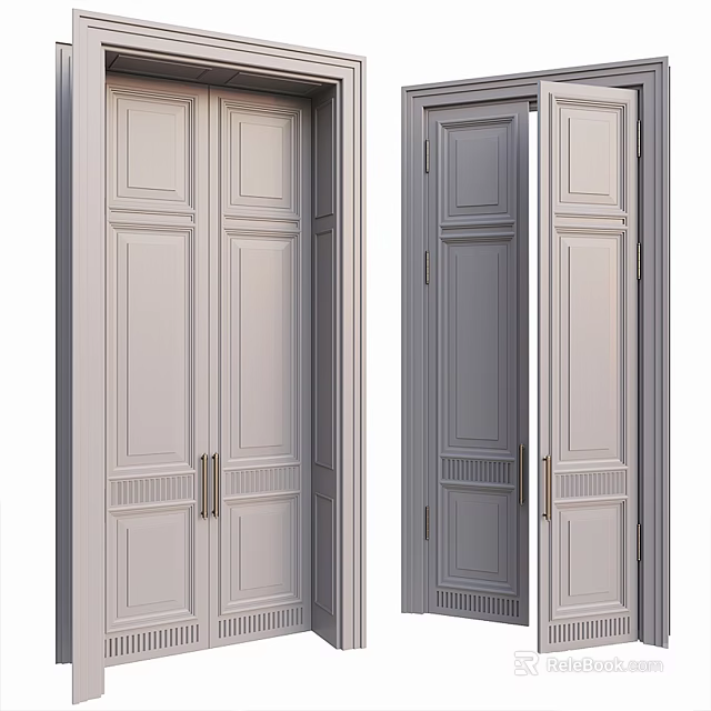 Light Colored Paneled Double Doors with Metal Handles for Interior Spaces 3d model