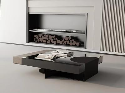 Modern Sofa And Coffee Table Set With Black Table Books Fireplace Firewood And Vertical Striped Accent Wall 3d model