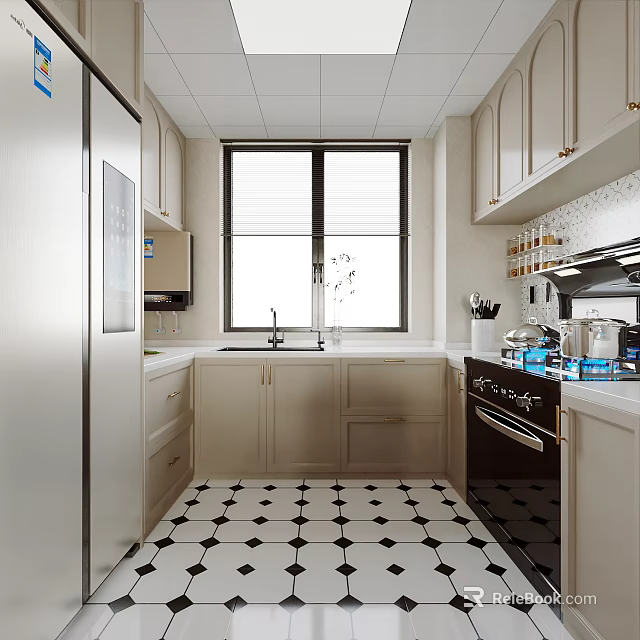 Modern Kitchen Interior Design With White Cabinets Refrigerator Window And Checkered Floor 3d model