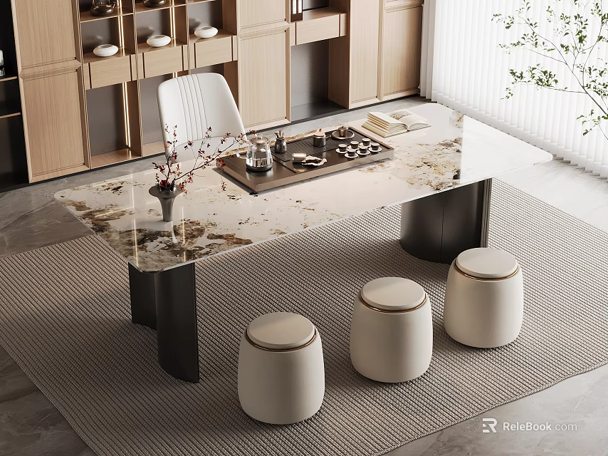 Modern Tea Table and Stools with Marble Tabletop Tea Set Vase on Rug and Cabinets 3d model