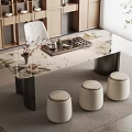 Modern Tea Table and Stools with Marble Tabletop Tea Set Vase on Rug and Cabinets 3d model