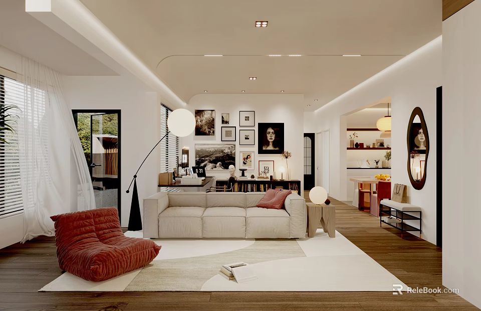 Modern Living Dining Room Interior With Open Layout Beige Sofa Red Armchair And Wooden Flooring 3d model 