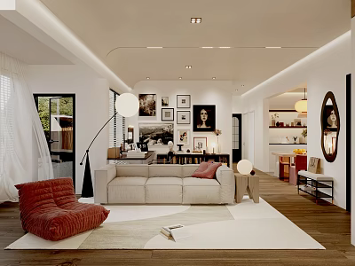 Modern Living Dining Room Interior With Open Layout Beige Sofa Red Armchair And Wooden Flooring 3d model