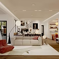 Modern Living Dining Room Interior With Open Layout Beige Sofa Red Armchair And Wooden Flooring
