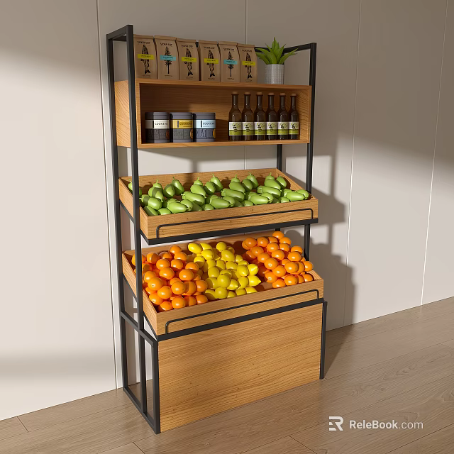 Fruit Shop Fresh Fruit Display With Wooden Metal Shelves Oranges Lemons And Green Produce 3d model 