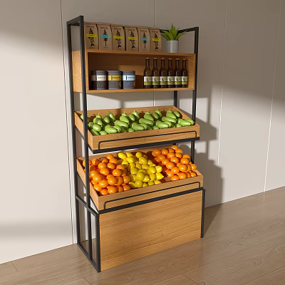 Fruit Shop Fresh Fruit Display With Wooden Metal Shelves Oranges Lemons And Green Produce 3d model