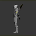 Futuristic Silver Mechanical Character With Biomechanical Design Solar Panel Wings And Yellow Accents