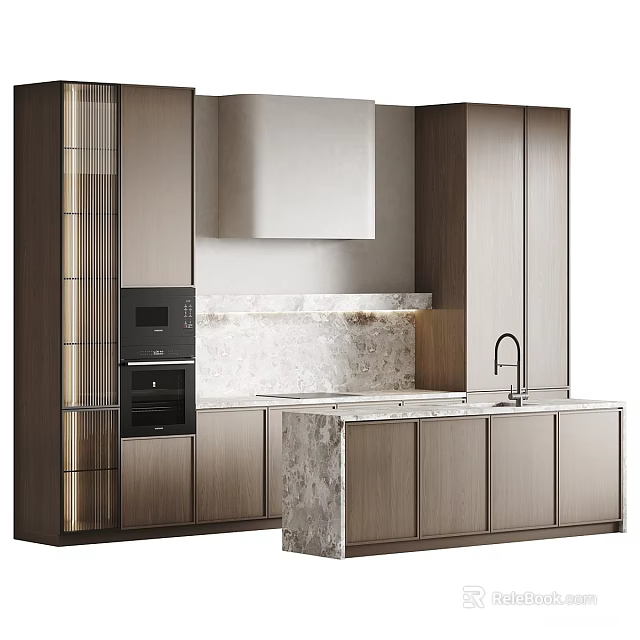 Modern Kitchen Interior With Marble Countertop Island Built-in Oven And Wooden Cabinets 3d model 