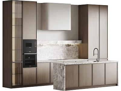 Modern Kitchen Interior With Marble Countertop Island Built-in Oven And Wooden Cabinets 3d model