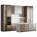 Modern Kitchen Interior With Marble Countertop Island Built-in Oven And Wooden Cabinets