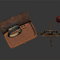Open Vintage Leather Trunk With Coiled Snake Candelabra And Red Pipe