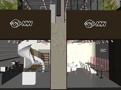 Cozy Dessert Shop Interior Featuring Spiral Staircase Pink Accents And Display Shelves 3d model