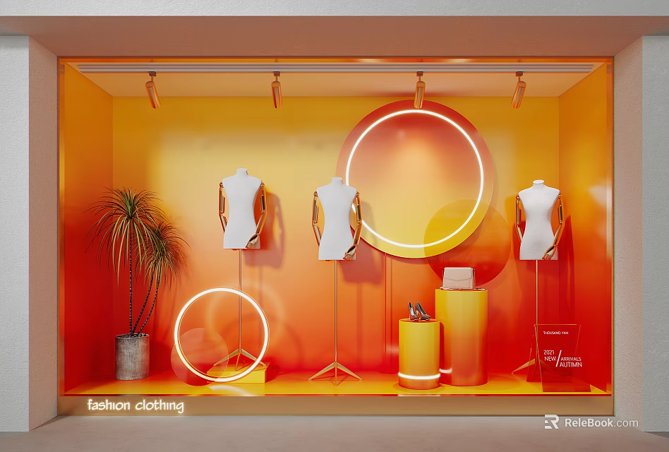 Fashion Clothing Store Window Display With White Mannequins Circular Light Rings And Potted Plant 3d model 