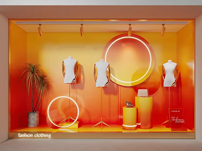 Fashion Clothing Store Window Display With White Mannequins Circular Light Rings And Potted Plant 3d model