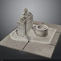 Traditional Stone Architecture Featuring Lion Statue Circular Well And Stone Platform Design