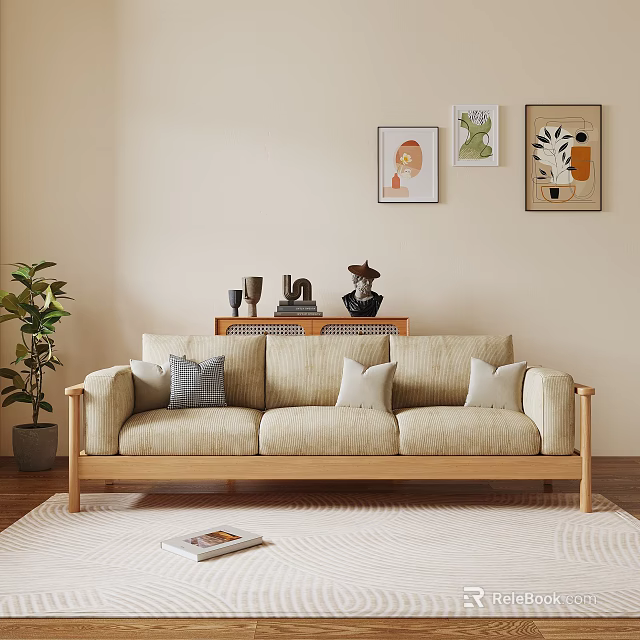 Three Seat Sofa with Wooden Frame Beige Pillows Wall Art Green Plant and Light Rug 3d model 