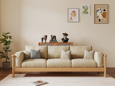 Three Seat Sofa with Wooden Frame Beige Pillows Wall Art Green Plant and Light Rug 3d model