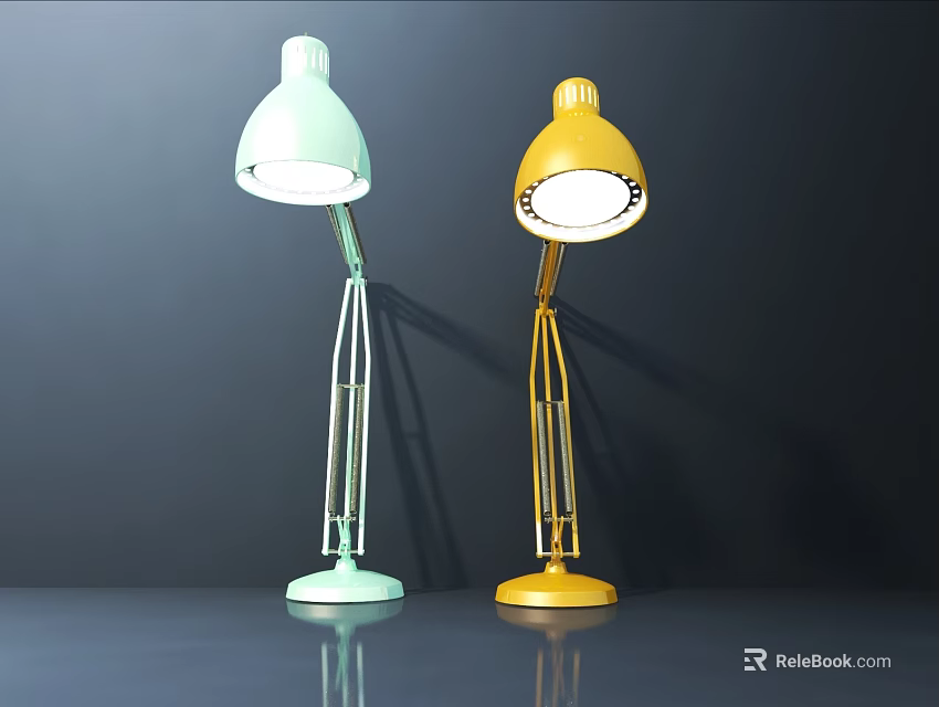 Light Green And Yellow Modern Table Lamps With Metal Stands Illuminated On Dark Table 3d model 