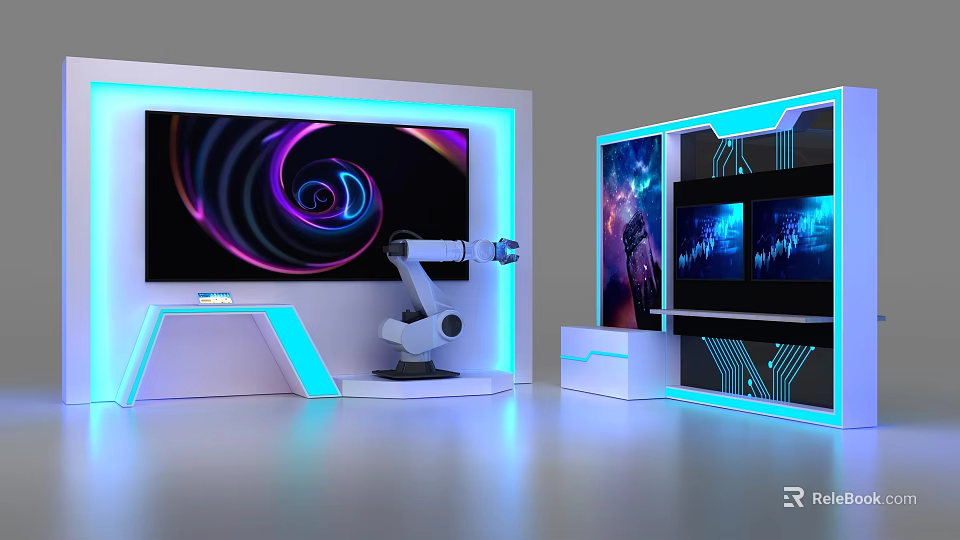Modern Commercial Equipment Display Stand With Robotic Arm Large Screen And Blue Lighting 3d model 