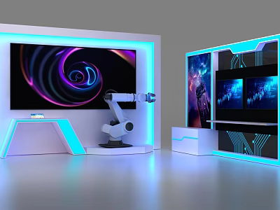 Modern Commercial Equipment Display Stand With Robotic Arm Large Screen And Blue Lighting 3d model