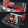 Industrial Drilling Equipment With Red White Structure And Metal Safety Fencing