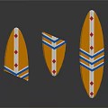 Orange Surfboards With Blue Stripes And Red Diamonds In Three Sizes