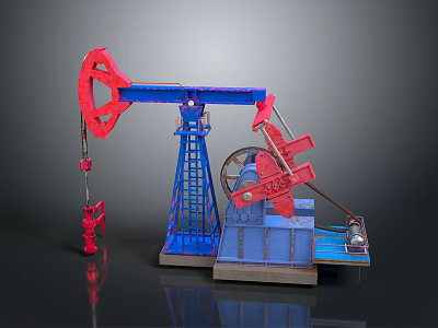 Commercial Oil Pump Jack Equipment With Red And Blue Rotating Arm And Stand 3d model