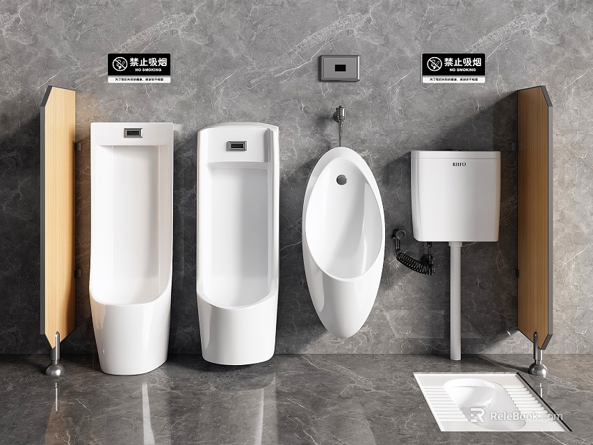 Different Styles Of Urinals In Public Restroom Setup 3d model 