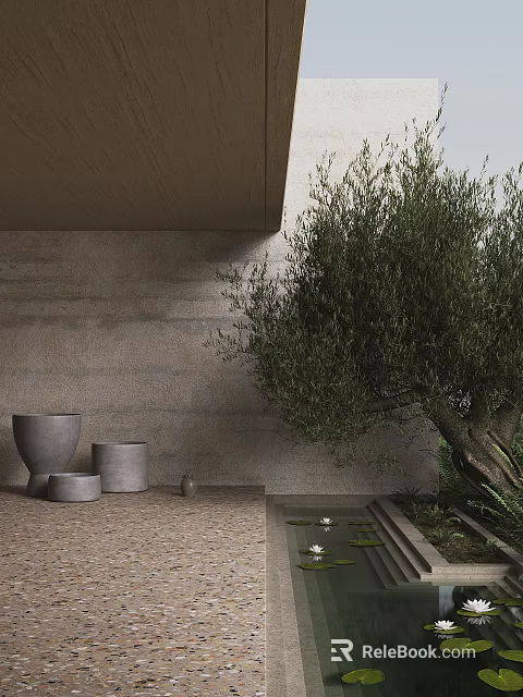 Garden Accents with Olive Tree Gray Stone Pots Water Feature Gravel Floor and Textured Wall 3d model 