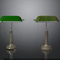 Two Vintage Table Lamps With Green Lampshades And Contrasting Metallic Aged Bases