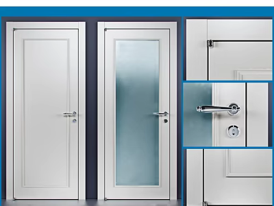 Modern White Swing Doors With Frosted Glass Panel And Silver Metal Handle Design 3d model