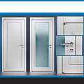 Modern White Swing Doors With Frosted Glass Panel And Silver Metal Handle Design