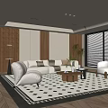 Modern Living Room Interior With Cream Sofa Armchair Checkered Rug Floor Lamp And Wooden Blinds