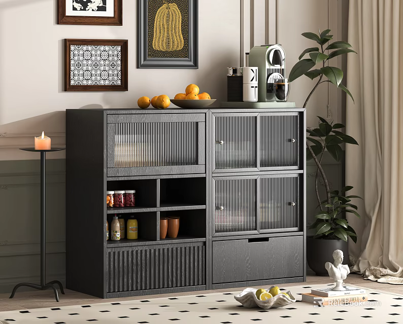 Stylish Black Sideboard with Glass Doors Slatted Panels Oranges Coffee Machine and Decorative Plant 3d model 