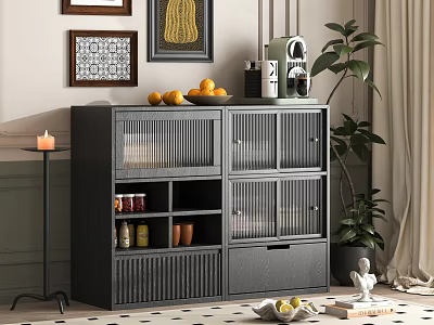 Stylish Black Sideboard with Glass Doors Slatted Panels Oranges Coffee Machine and Decorative Plant 3d model