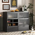 Stylish Black Sideboard with Glass Doors Slatted Panels Oranges Coffee Machine and Decorative Plant