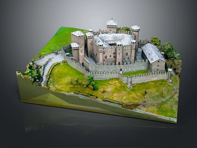 Cartoon Castle Scene Model With Towers Walls Grassland Path And Trees 3d model