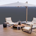 Outdoor Table with Lounge Chairs Umbrella on Wooden Deck Tray with Snacks Setup