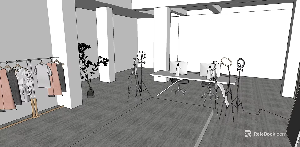 Clothing Store Interior With Clothing Racks Mirrors Lighting Plants And Display Tables 3d model 
