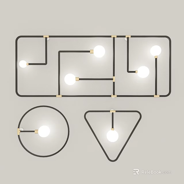 Modern Geometric Wall Lamps with Rectangular Circular Triangular Black Frames and Gold Accents 3d model
