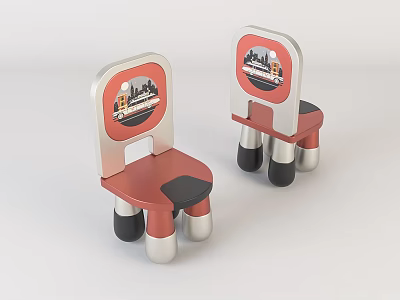 Two Red And Silver Kids Chair With Circular Backrest And Black Silver Legs 3d model