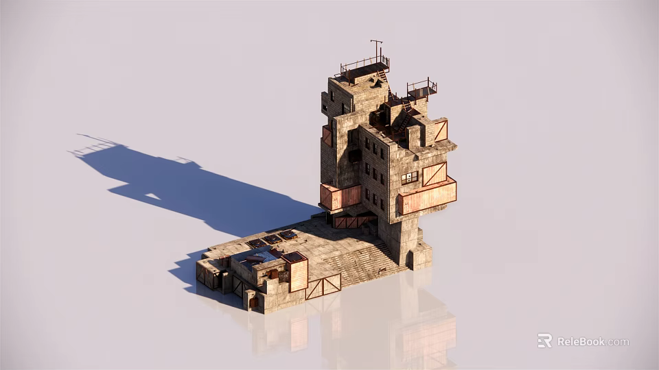 3D Multi Level Industrial Stone Structure Design With Wooden Supports And Platforms 3d model