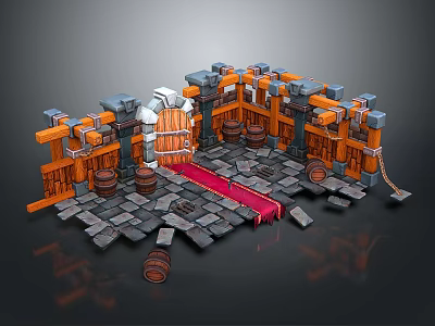 Cartoon Style Medieval Gateway Scene With Stone Brick Floor Red Carpet And Wooden Barrels 3d model