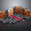 Cartoon Style Medieval Gateway Scene With Stone Brick Floor Red Carpet And Wooden Barrels