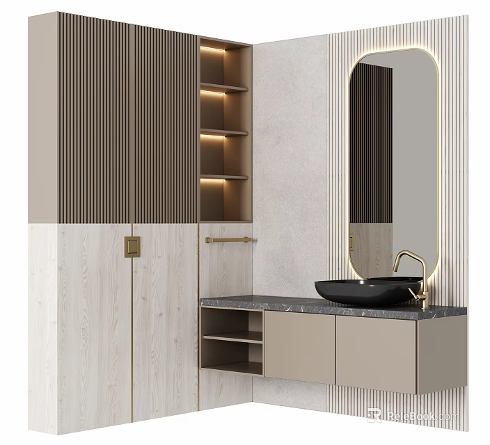 Modern Washbasin Vanity With Oval Mirror Stone Backsplash And Gold Faucet 3d model 